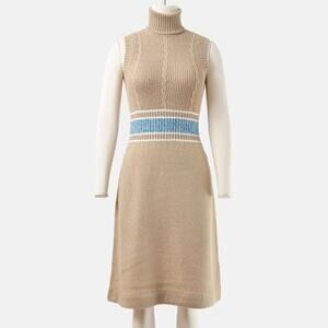 Vintage 70s Tan Sweater Knit Sleeveless Turtleneck A-line Dress XS S